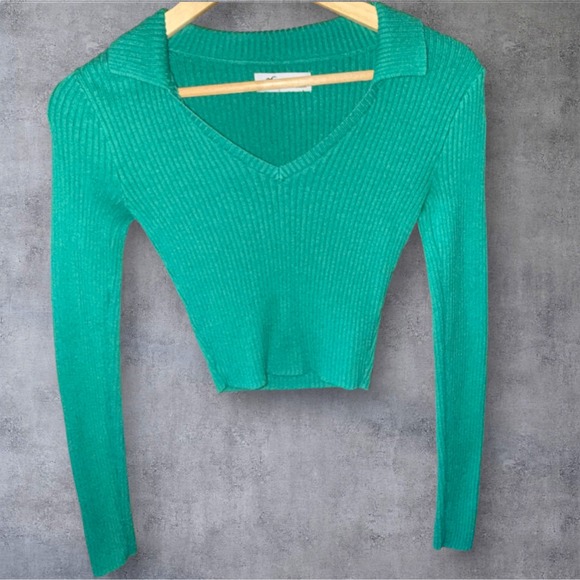 Hollister Ribbed Cropped Y2K Sweater XXS Green V-Neck Long Sleeve Fitted Chic - Picture 2 of 11